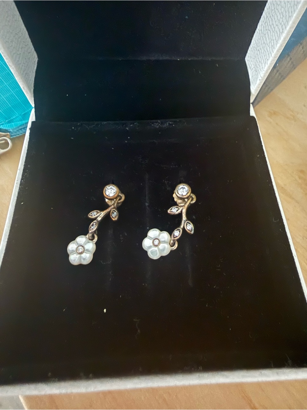Pandora Gold Drop Earrings with White Flower and Clear Stones